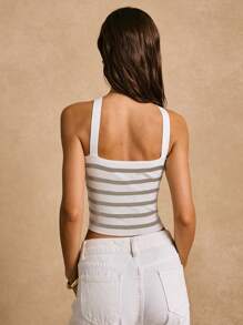 Poéselle Gestreiftes Muster Halfter-Top Strickware, Schwarz & Weiß, Boho-Stil, Sommer-Saison - Khaki - Übersicht 7