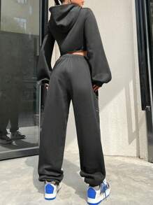 Coolane 2pcs/Set Women Hoodie Top & Pants Set, Solid Color