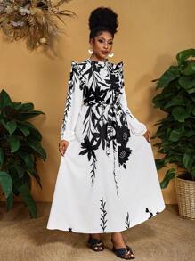 Slaydiva Vestido elegante de talla grande para mujer con estampado floral, cuello con volantes y mangas farol