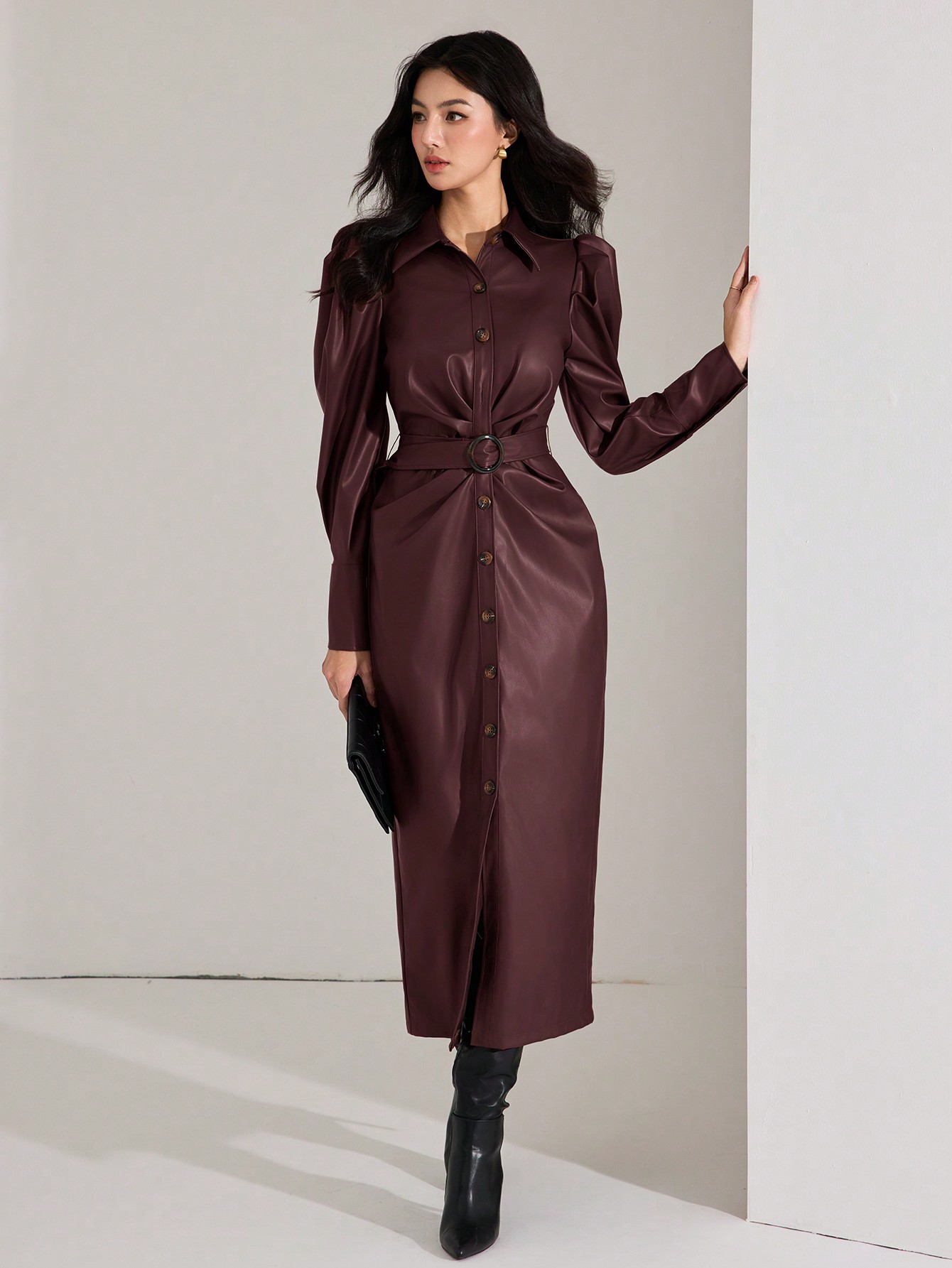 Heiryn فستان طويل بأكمام طويلة وياقة أزرار أمامية...