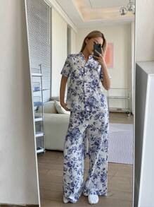SHEIN Leap Crew 少女复古花卉 V 领前开短袖直腿睡衣套装，2 件舒适休闲睡衣 - 藍白色 - 查看 3