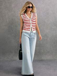 Poéselle Women Casual Striped Pattern Sleeveless Cardigan Sweater Winter Women Outfits Women Cardigan Stripe Effortless Chic Essential