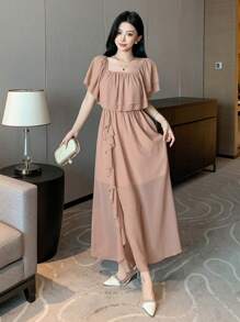 DAZY Women's Midi Off Shoulder Solid Casual Dress, Minimalist Style For Daily Wear Prom Dress