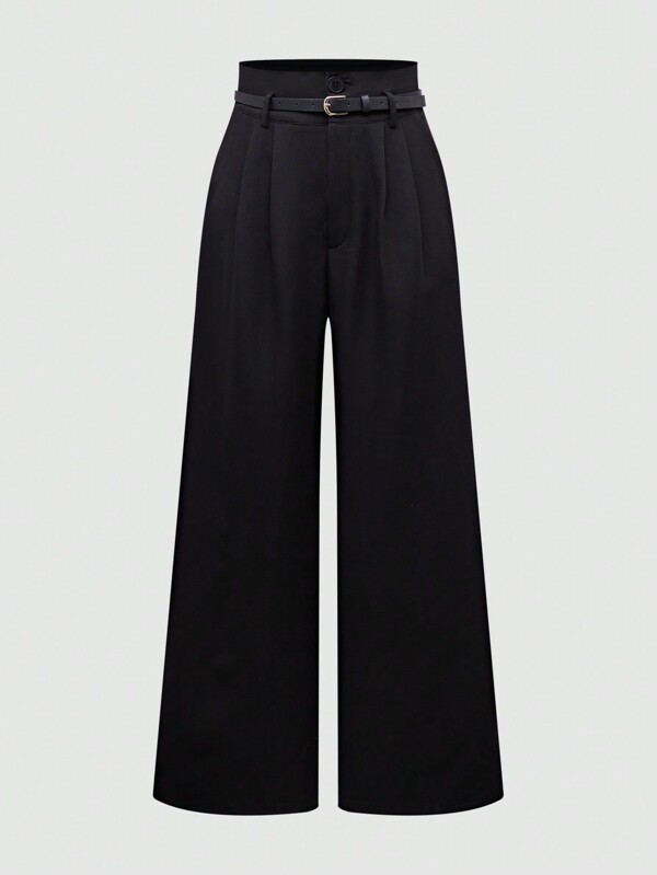 SHEIN Tall Black High Waist Lace-Up Wide Leg Loose Elegant Women Suit Pants