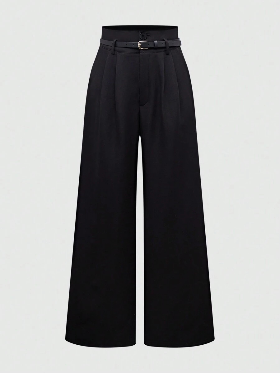 GlowEve 黑色高腰系带阔腿宽松优雅女士西装裤 - 黑色 - 查看 1