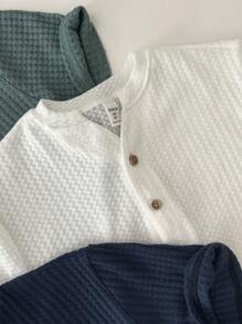 SHEIN 3pcs Tween Boys' Half Hem Button Textured Short Sleeve T-Shirts, Blue, Green, White, Suitable For Casual, Sports, Travel, School, Summer All-Match - Multicolor - View 4