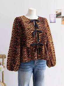Soleia Plus Size Women's Early Autumn Leopard Print Round Neck Open Front Tie Bow Lantern Sleeve Ruffle Hem Patchwork Casual Blouse - Brown - View 4