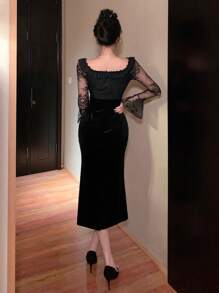 DAZY Square Neck Lace Patchwork Mid-Length Dress For Women Prom Dress,Ruffle