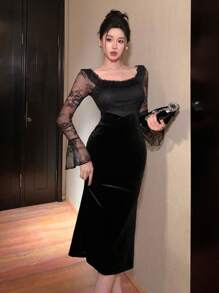 DAZY Square Neck Lace Patchwork Mid-Length Dress For Women Prom Dress,Ruffle