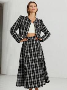 Aveloria Modichic Women's Front Button Long Sleeve Pocket Plaid Casual Blouse And Skirt 2 Pieces Set