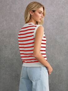 Poéselle Women Casual Striped Pattern Sleeveless Cardigan Sweater Winter Women Outfits Women Cardigan Stripe Effortless Chic Essential