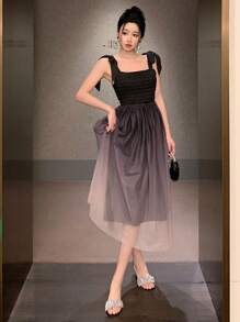 DAZY Square Neck Tie Up Color Gradient Midi Dress For Women Prom Dress Sundress Elegant Women Dresses - Black - View 3