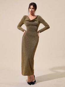 RueChic Glamorous Shinny Gold Lurex Cowl Neck Long-Sleeve Maxi Dress