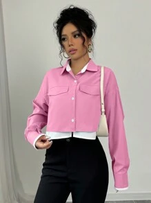 SHEIN Unity 新款女式梭织长袖撞色设计仿面料撞色小细节开前口袋带袖开叉短衬衫，时尚通勤商务办公衬衫，休闲宽松舒适秋冬优雅都市 - 粉色 - 查看 5