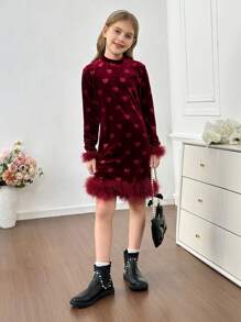 Tween Girl Elegant Burgundy Autumn Wedding Guest Dress,Black Velvet Heart Embossed High Neck Fitted Dress With Feather Trim Cuffs And Hem,Parties - Black - View 3