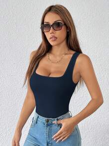 SHEIN PETITE Body básico de un solo color con tirantes anchos y estiramiento, color blanco - Azul Marino - Ver 4