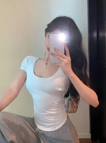 DAZY Camiseta de mujer de manga corta, cuello redondo, ajustada, de unicolor, casual, simple y de moda para uso diario en verano