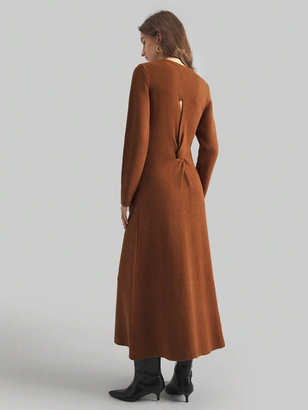 Women's Twist Back Hollow-Out Fitted Casual Dress, Long Sleeve, Minimalist & Fashionable For Spring, Suitable For Daily Wear