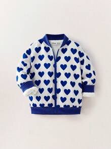 THE HAPPY LOOK Blue Heart Print Drop Shoulder Long Sleeve Jacket, Casual Style For Young Girls