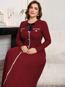 Modelyn Plus Size Ribbed Ruffle Trim Bow Decor Long Sleeve A-Line Casual Dress, Suitable For Spring And Autumn Long Evening Dresses - Burgundy - View 6
