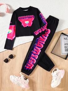 SHEIN Tween Girls Casual Round Neck Long Sleeve Printed Top And Pants Set