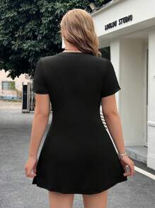 Muchica Plus Size Black Short Sleeve Round Neck A-Line Short Dress, Spring/Summer - Black - View 2