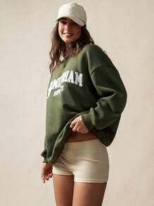 VARSITIE 圆领长袖毛巾绣宽松休闲复古绿色女士运动运动衫 - 橄欖綠 - 查看 5