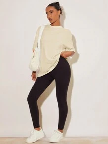 SHEIN BASICS 女士纯色圆领短袖休闲 T 恤，适合日常穿着 - 杏色 - 查看 5
