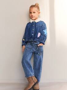 Maija Kids Maija Kids Young Girls Blue Star & Moon Print Plush Collar Patchwork Casual Denim Jackets & Coats, Warm For Autumn & Winter - Blue - View 2