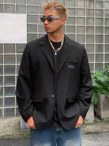 DAZY 男士寬鬆休閒西裝外套，附貼布裝飾，秋季款 - 黑色 - 查看 1