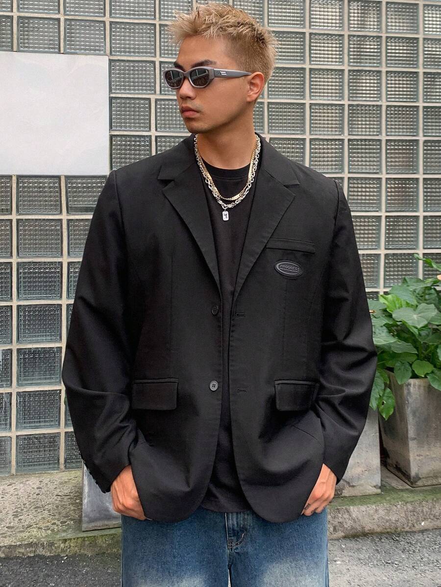 DAZY 男士寬鬆休閒西裝外套,附貼布裝飾,秋季款 - 黑色 - 查看 1