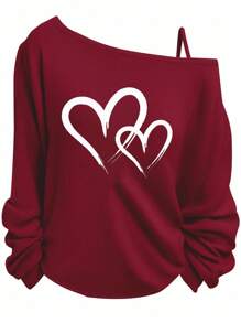 SHEIN LUNE Casual Minimalist Off-Shoulder Long Sleeve Plus Size Women Tee, Suitable For Spring/Autumn - Burgundy - View 1