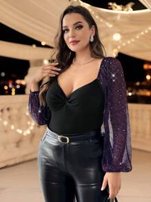 SHEIN Essnce قمصان نسائية كبيرة الحجم لموضة الخريف والشتاء ذات طابع أنيق وجذاب لحفلات المناسبات، بياقة واسعة باللون الأسود واكمام لامعة باللون البنفسجي، قمصان ضيقة ومريحة، مناسبة لرأس السنة والكريسماس، قمصان مرصعة بالترتر ومحكمة الضبط - الأسود - مشاهدة 4