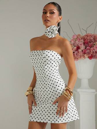 Lumalex 女士花卉印花露肩波尔卡圆点紧身迷你连衣裙