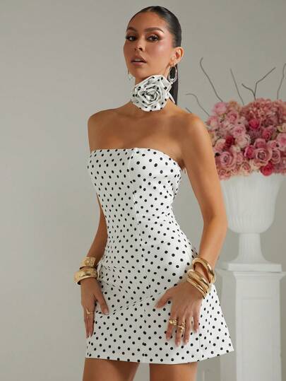 Lumalex Vestido mini ajustado con estampado floral y lunares sin tirantes para mujer