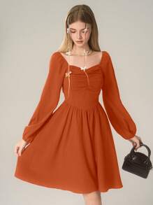 SHEIN 少女圣诞红色泡泡袖迷你连衣裙 - 橘色 - 查看 6