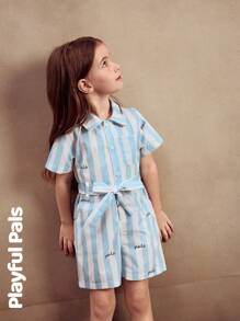 SHEIN 1 件年轻女孩经典蓝白条纹连体裤，可爱/复古/俏皮设计，休闲基本款适合任何场合，春夏装 - 彩色 - 查看 4