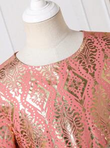 Tween Girl Classic Traditional Conservative Long Dress, Round Neck Long Sleeve Pink And Gold Floral Pattern - Pink - View 9