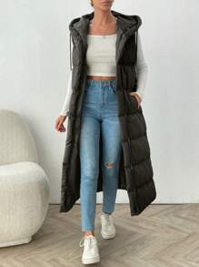 EURMUSE Autumn/Winter Casual Sleeveless Long Hooded Padded Coat - Army Green - View 4
