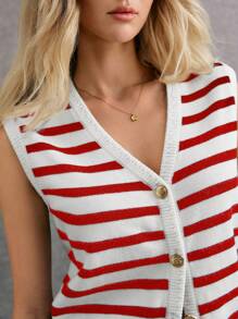 Poéselle Women Casual Striped Pattern Sleeveless Cardigan Sweater Winter Women Outfits Women Cardigan Stripe Effortless Chic Essential