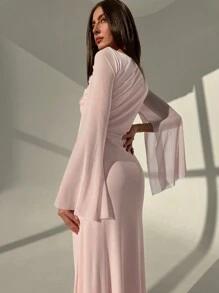 Aloruh 方领花朵 3D 喇叭袖长款美人鱼下摆粉色浪漫约会连衣裙 - 粉色 - 查看 7