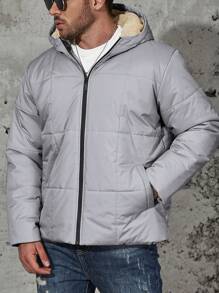 Manfinity Homme Men's Plus Size Casual Solid Color Thermal Lined Hooded Winter Jacket - Light Grey - View 4