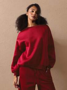 Athîral 1pc Women Casual Solid Color Round Neck Sweatshirt, Autumn/Winter - Red - View 1