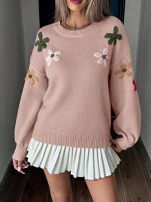 Chiquease 女士手工刺绣花卉圆领落肩宽松针织套头衫秋冬毛衣 - 淺粉色 - 查看 7