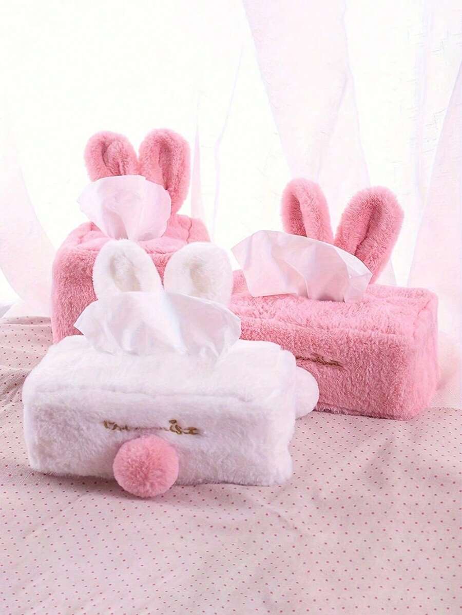 1pc Cute And Soft Pink Rabbit Plush Tissue Box Cover, Decorative Napkin Storage Container For Home, Car, R Work Desk Accessories Office Decor, Living Room, Cartoon Facial Tissue Holder With Ears(Available In Rectangular And Square Sizes) - Multicolor - View 1