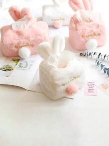 1pc Cute And Soft Pink Rabbit Plush Tissue Box Cover, Decorative Napkin Storage Container For Home, Car, R Work Desk Accessories Office Decor, Living Room, Cartoon Facial Tissue Holder With Ears(Available In Rectangular And Square Sizes) - Multicolor - View 3