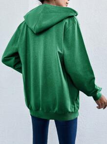 RueChic Fall Casual 100% Cotton Zip Up Drawstring Hoodie - Green - View 2