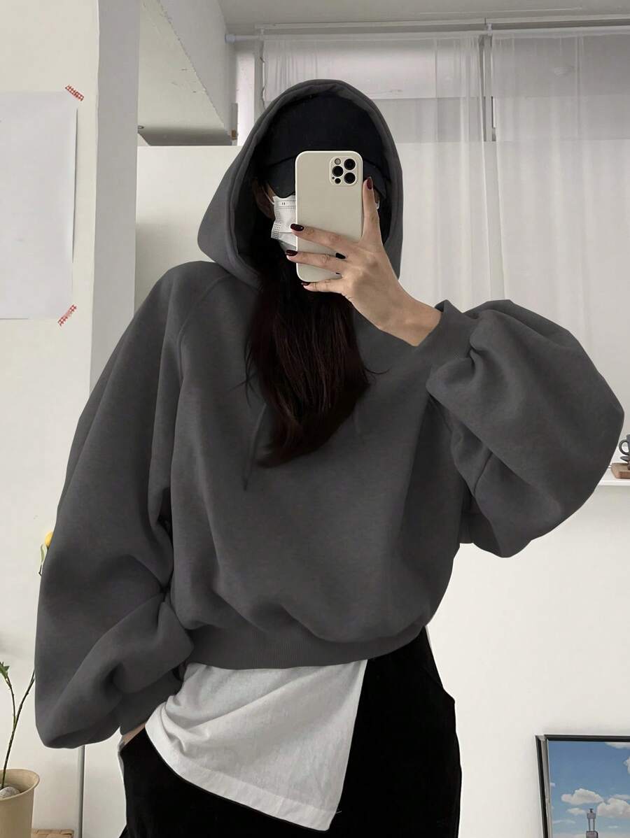 DAZY 女士纯色宽松短款卫衣,秋季服装卫衣 - 深灰色 - 查看 1