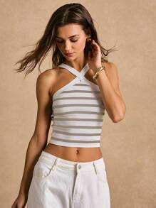 Poéselle Gestreiftes Muster Halfter-Top Strickware, Schwarz & Weiß, Boho-Stil, Sommer-Saison - Khaki - Übersicht 6