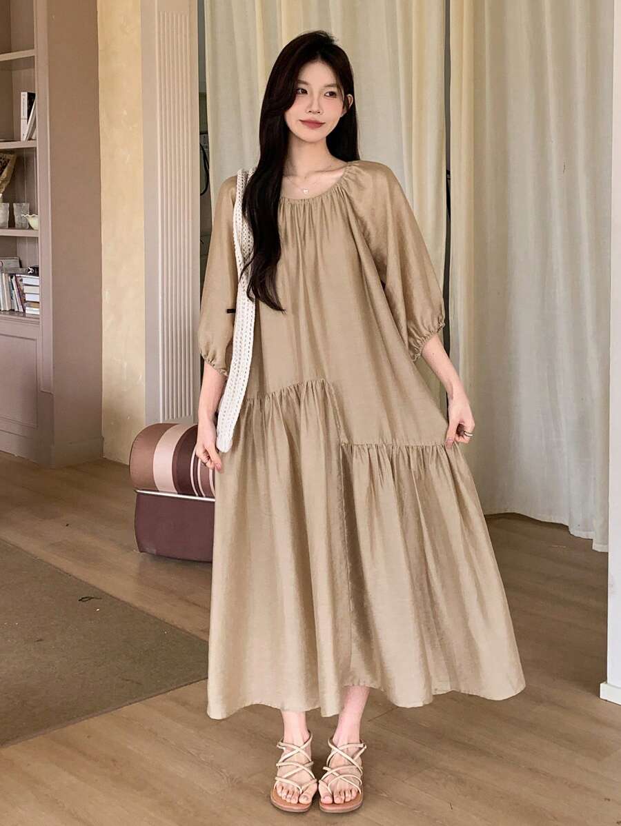 DAZY 女士春夏中长款亚麻衬衫裙 - 卡其色 - 查看 1